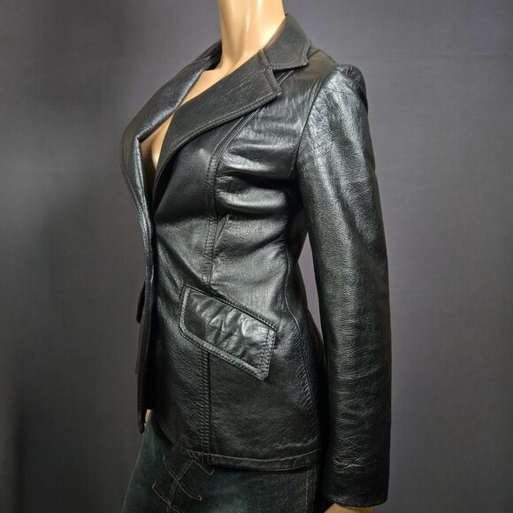 Vintage 70s Black Leather Blazer Jacket Womens Size S Rocker Grunge - Picture 5 of 8